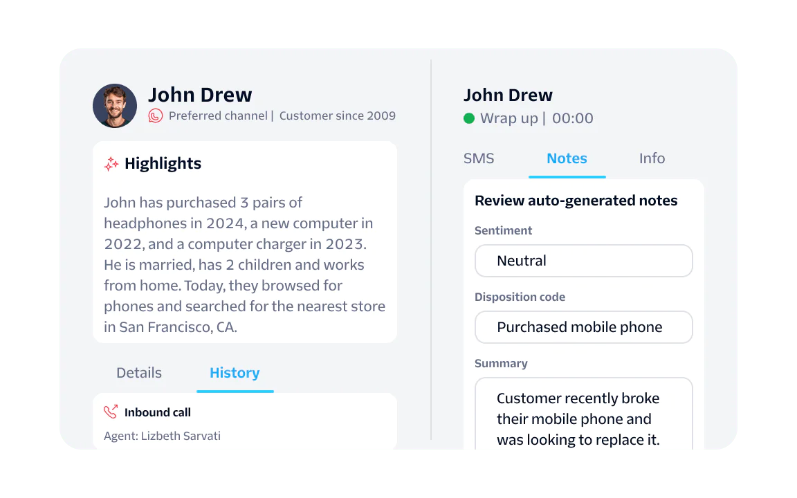 Profile information and interaction history for customer John Drew, showing recent purchases and agent notes.
