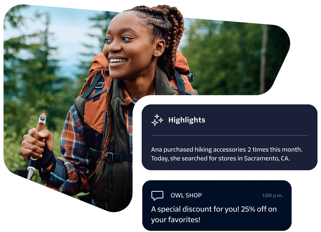 Woman with braided hair hiking and promotional messages about hiking accessories and special discount