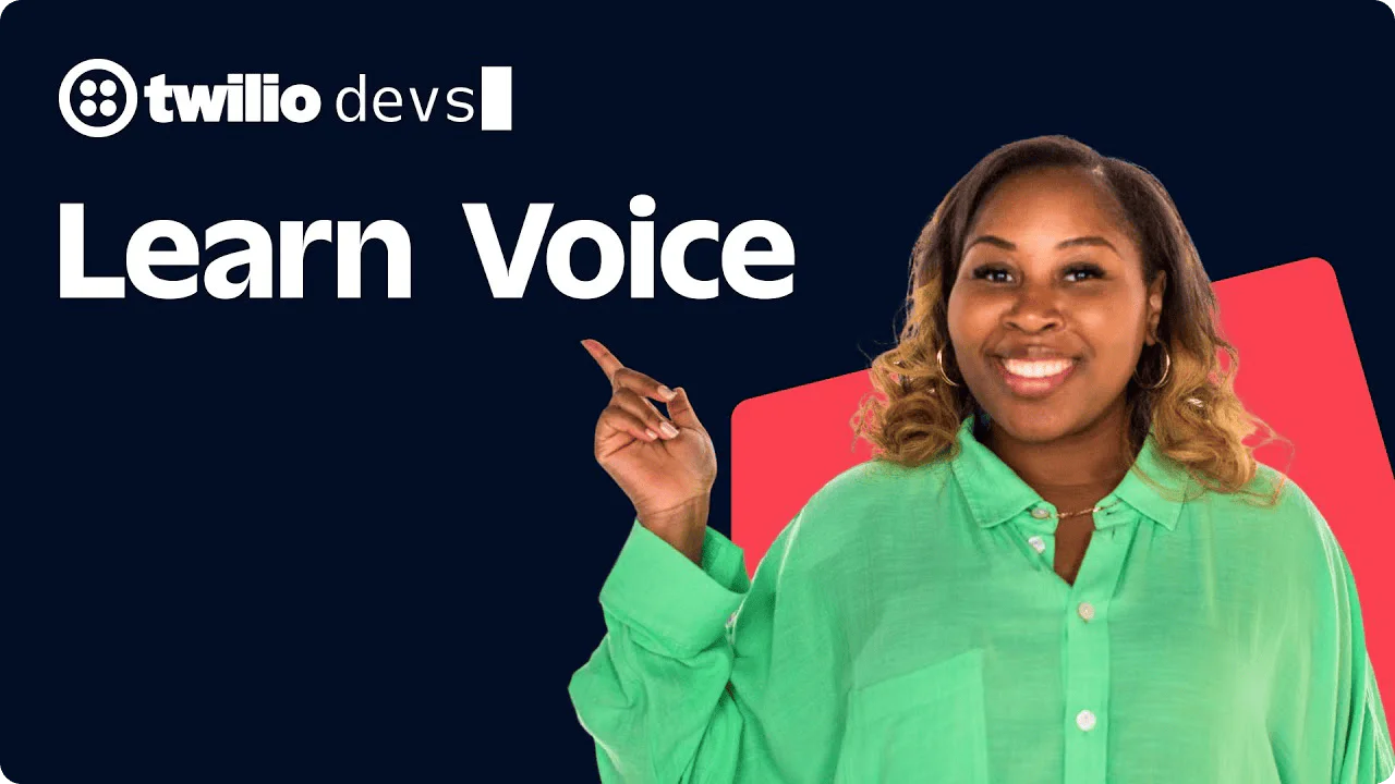 Woman in green shirt pointing upward, with Twilio Devs Learn Voice text on dark blue background.
