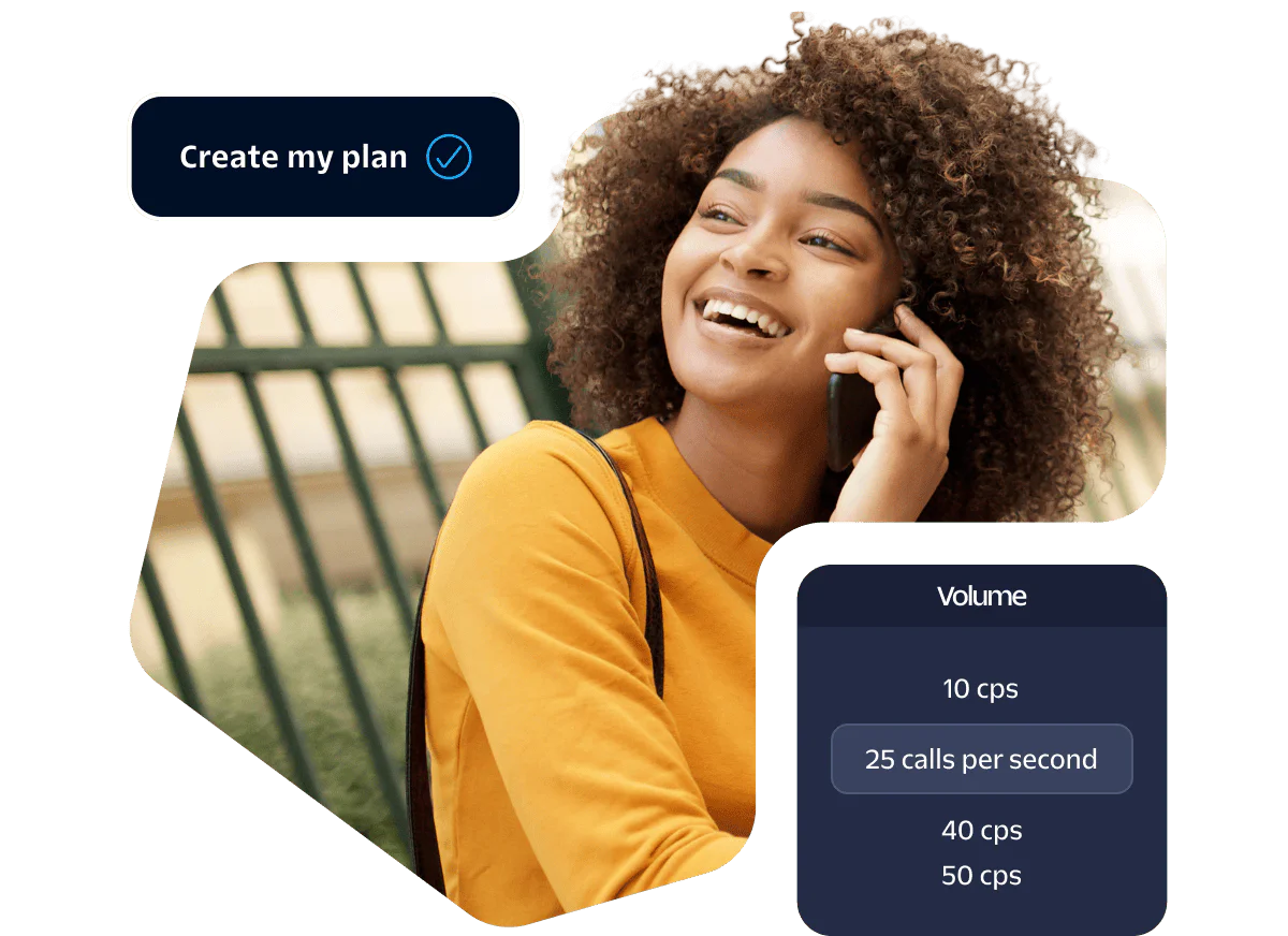 Smiling woman on phone viewed with a plan creation button and volume options.