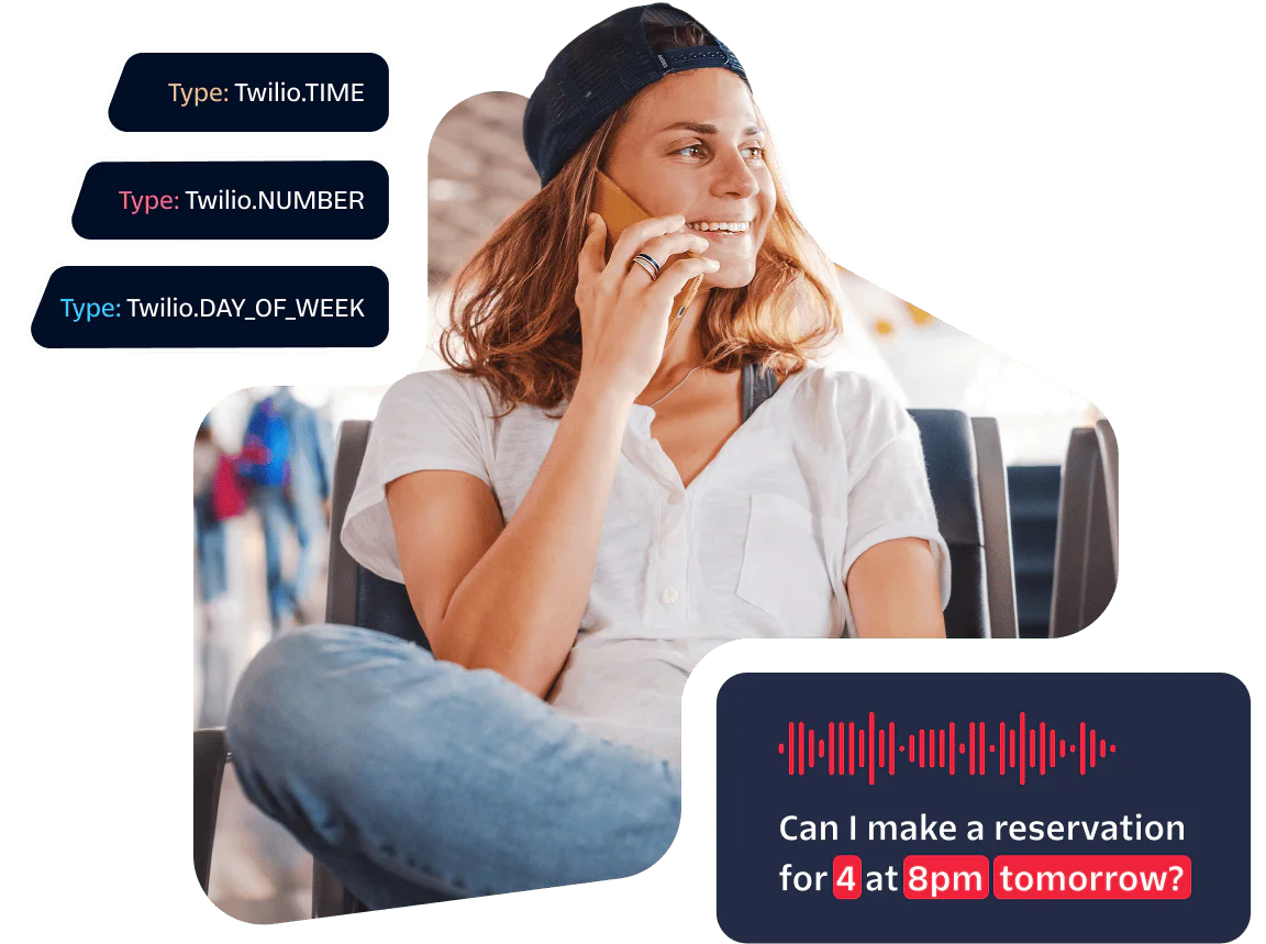 Woman sitting with crossed legs while talking on phone with displayed automated reservation messages.