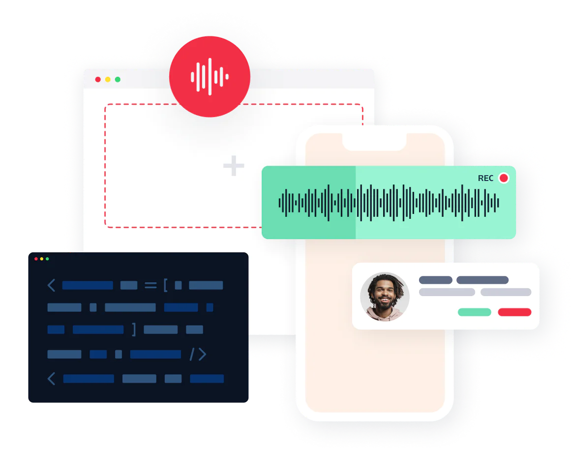 Diverse UI elements including a sound recording interface, smartphone screen, and coding window.
