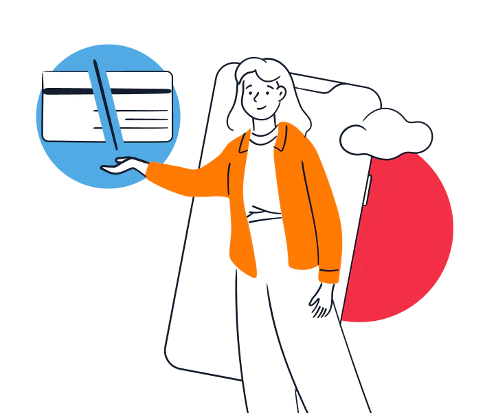 Cartoon woman in an orange jacket holding a divided card near a large phone and a cloud