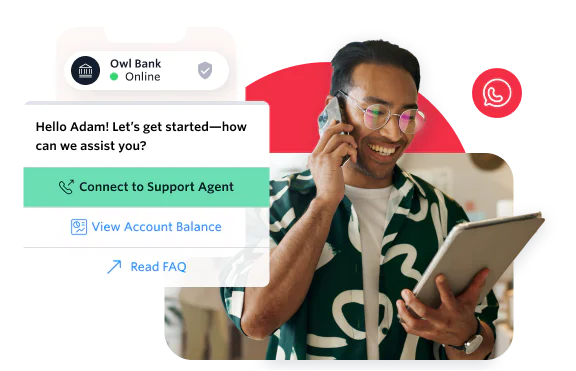 Customer support interaction with Owl Bank representative via mobile phone Smiling man on phone looking at tablet with Owl Bank chat window and WhatsApp icon