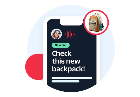 Smartphone displaying a notification about a new backpack with an image of a backpack and a user's profile picture.