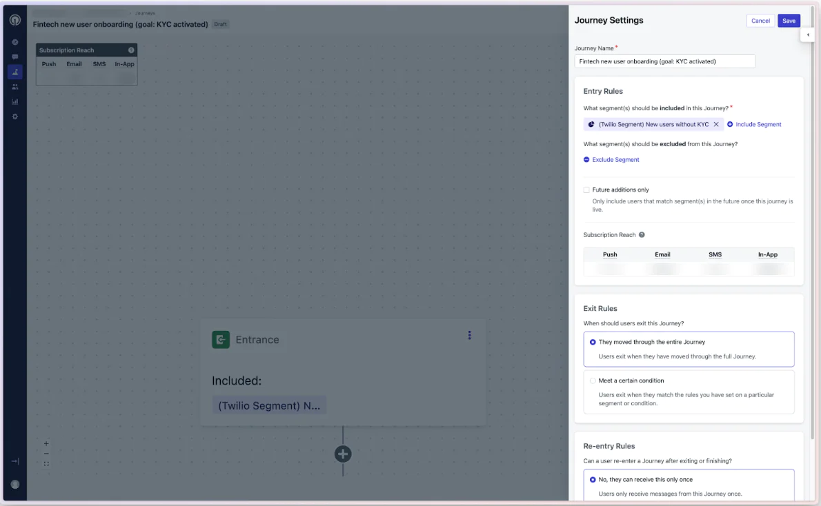 Screenshot of journey settings in a fintech app's onboarding workflow, highlighting entity and exit rules.