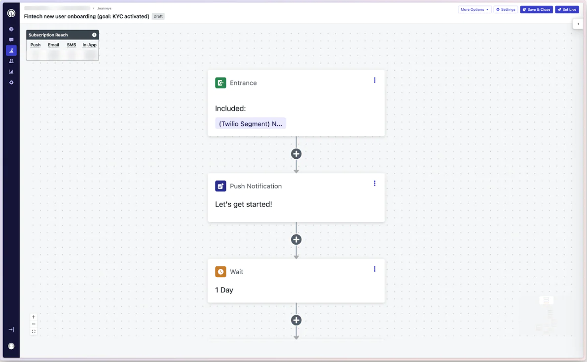 Flowchart of a fintech onboarding KYC process with steps for sending notifications and a one-day wait period.