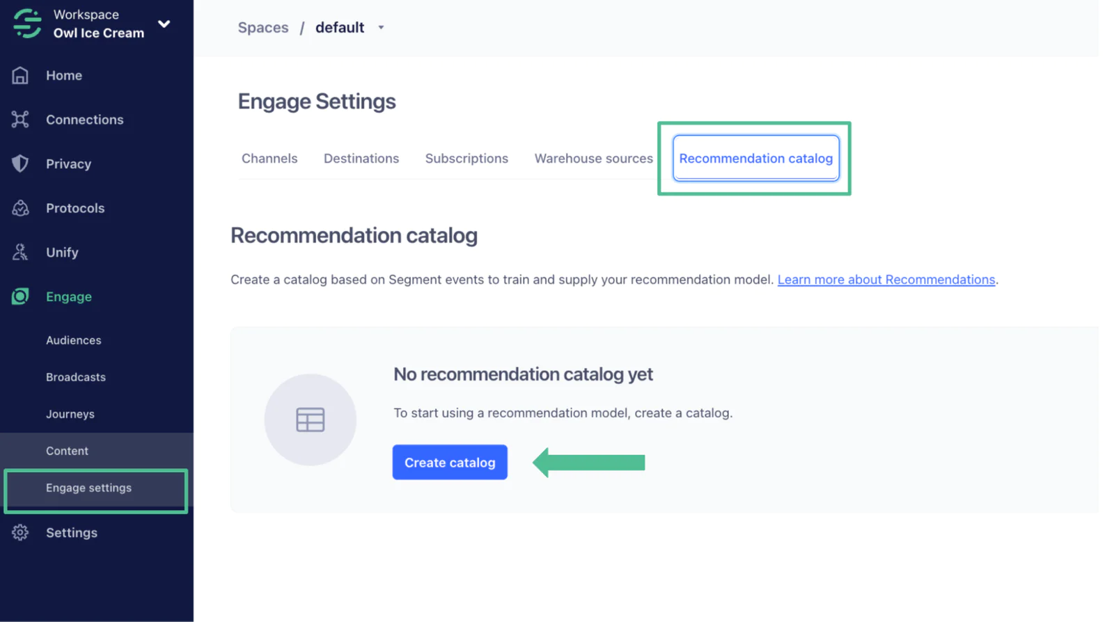 Engage settings page with Create catalog button highlighted.
