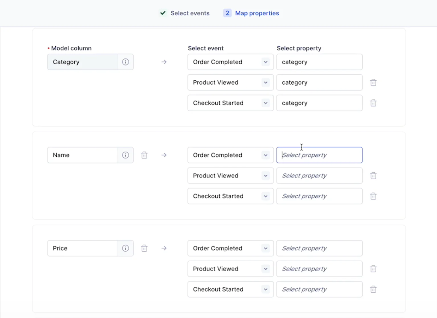 A digital interface for mapping events and selecting properties for categories, names, and prices.