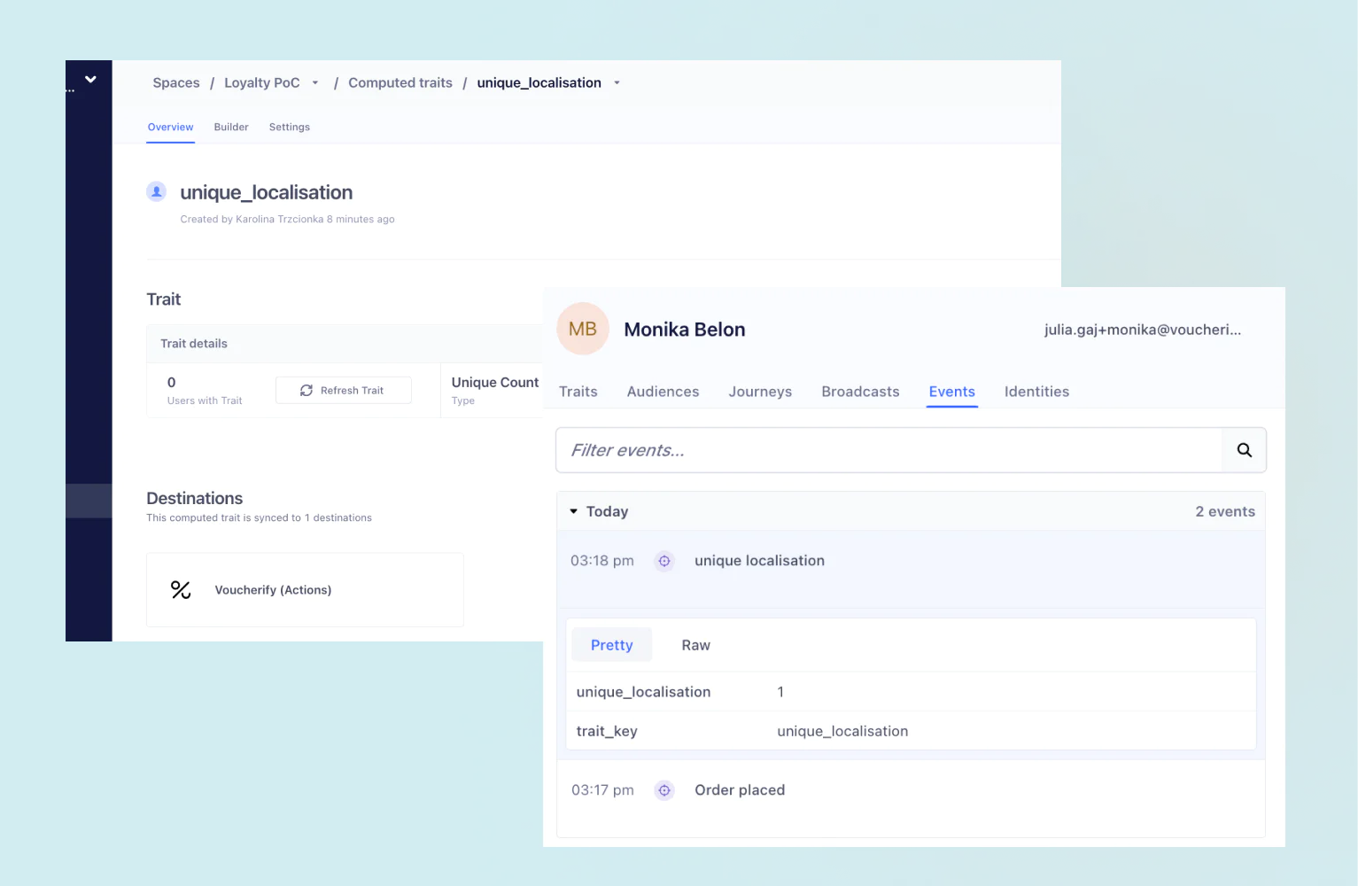 Two interface screens showing event tracking and details for unique localization and trait count.