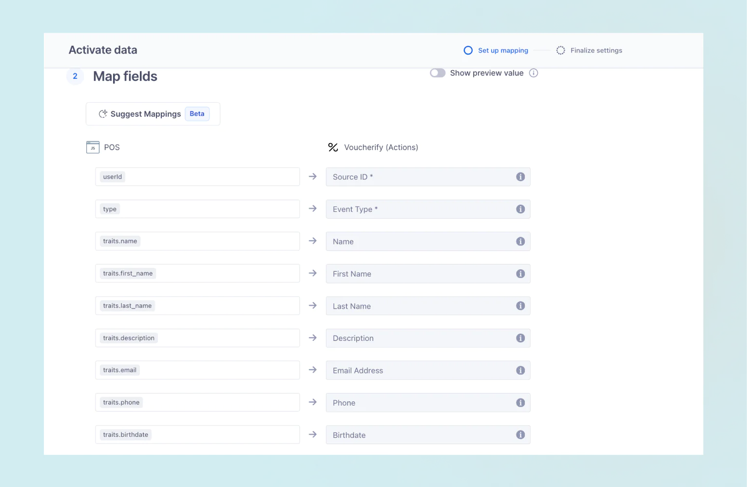 Interface showing data field mapping for POS and Voucherify actions.