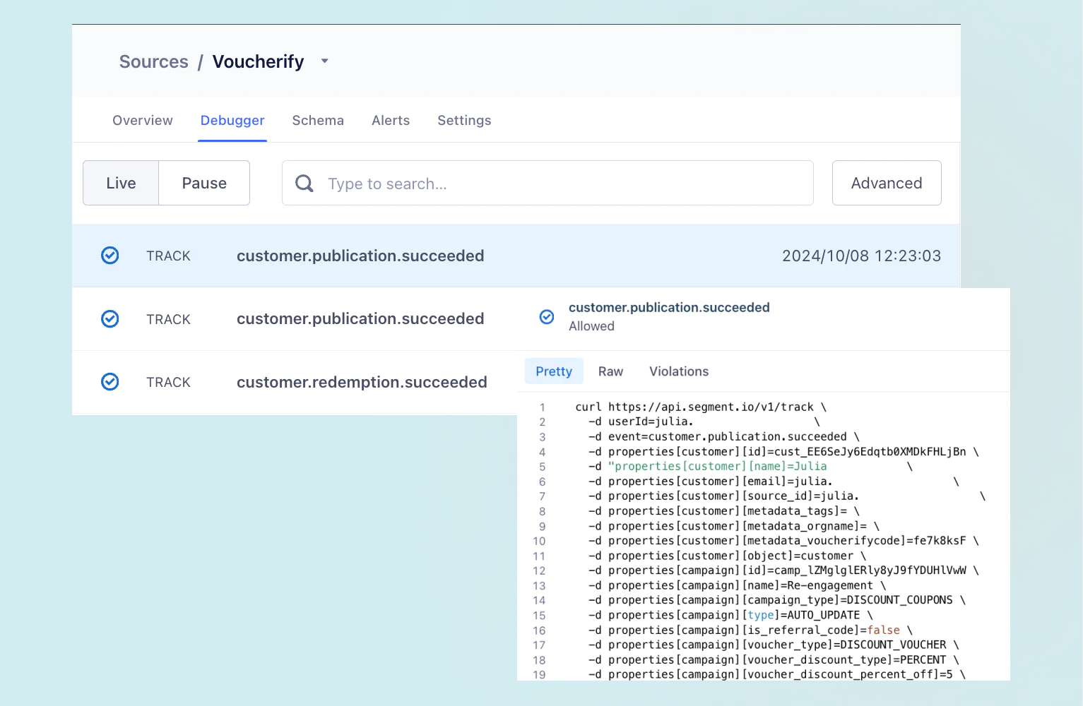 Screenshot of the debugger tab showing successful operations and raw JSON responses for Voucherify API.