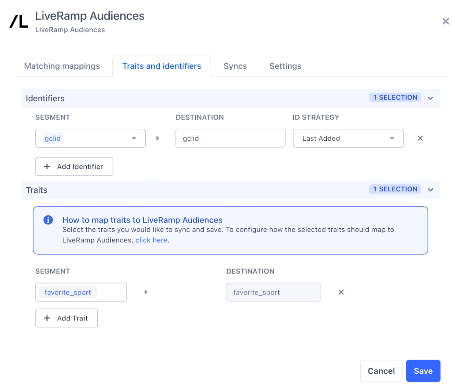LiveRamp Audiences - Traits and Identifiers Configuration Screen