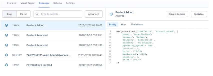Screen showing debugger with tracked product events and JSON data for Product Added event.
