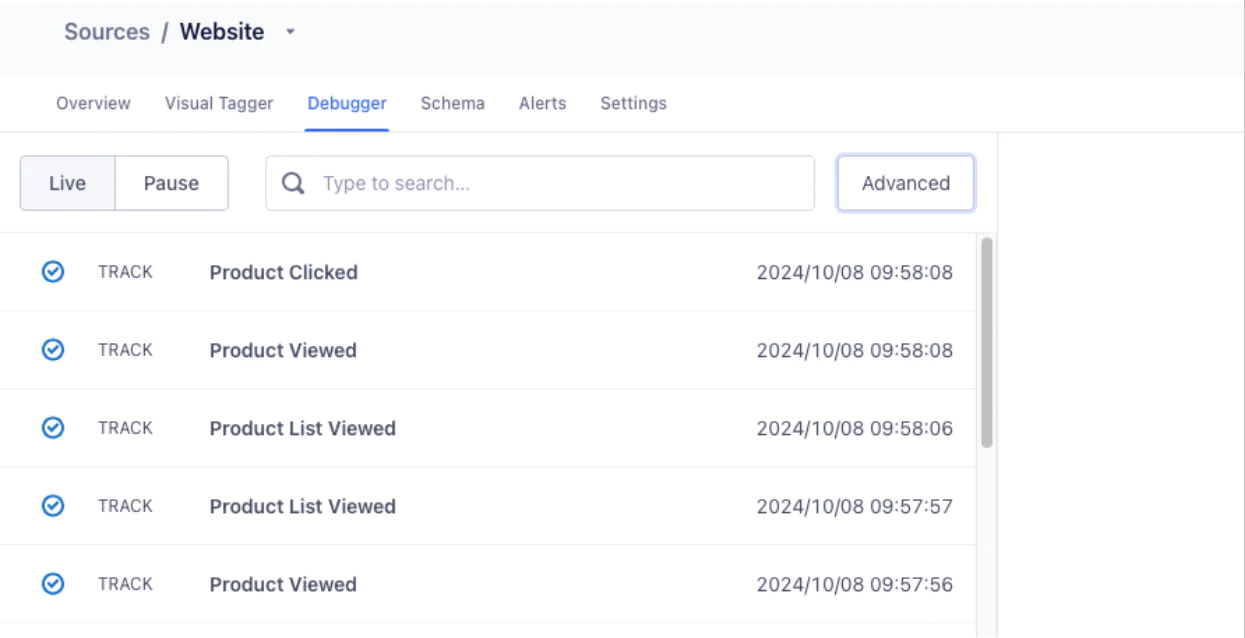 A screenshot of a website analytics tool showing a debugger log with timestamps of product interactions.