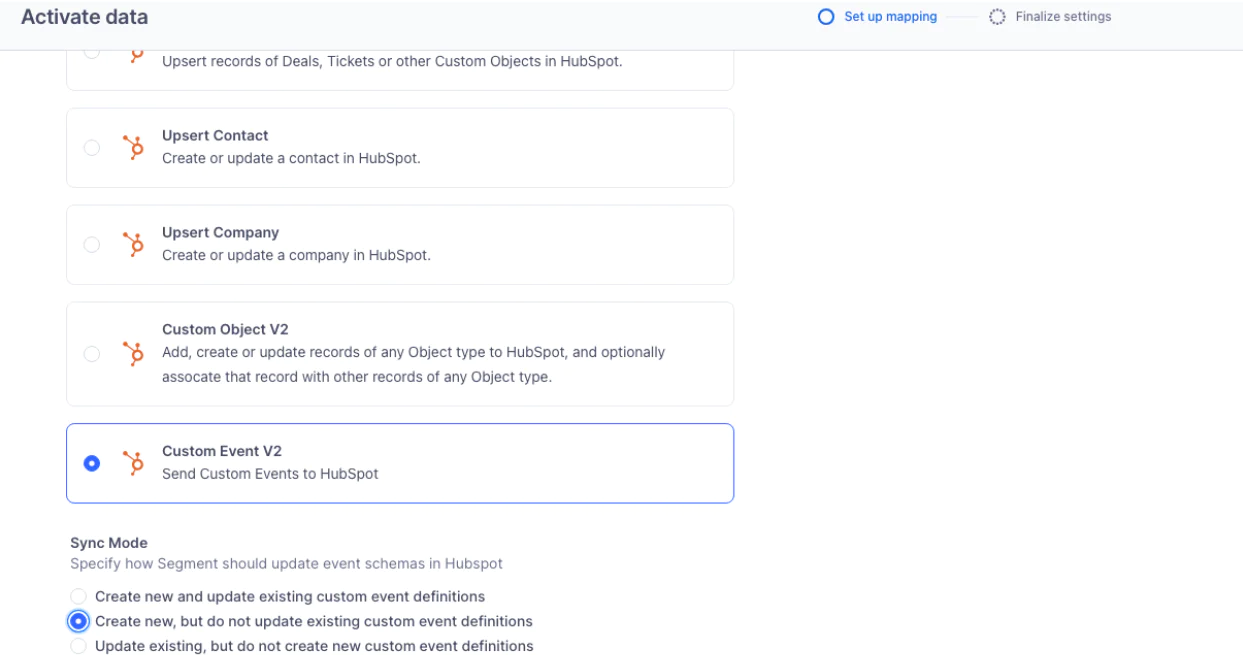 Screenshot of HubSpot interface showing options for activating data with various sync modes.
