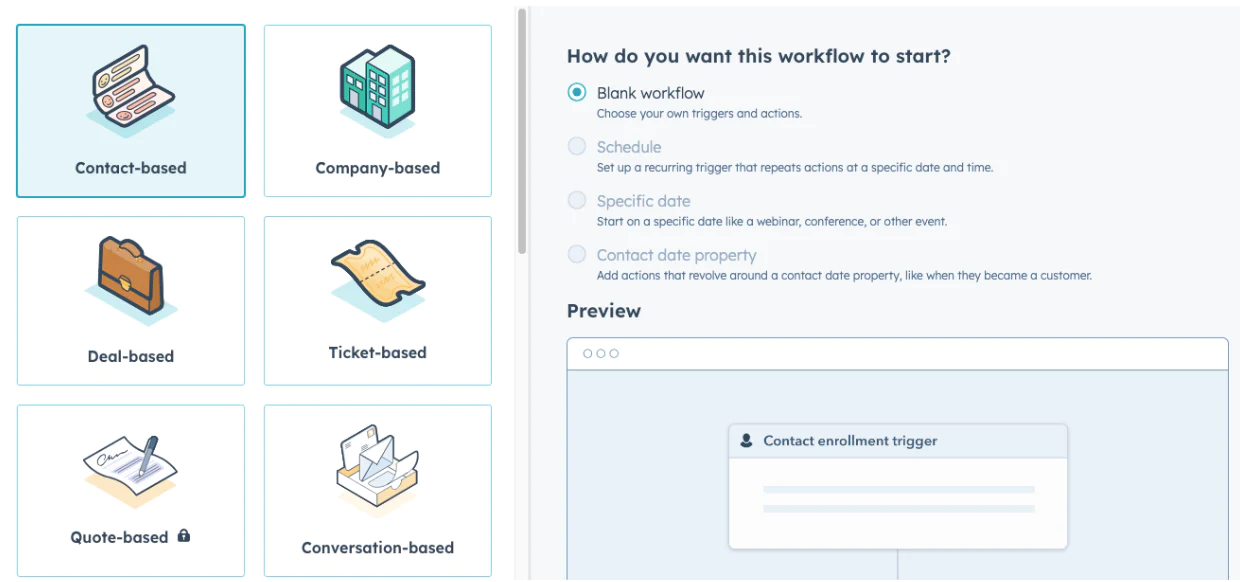 CRM interface showing options for contact-based, company-based, deal-based, and other workflows.
