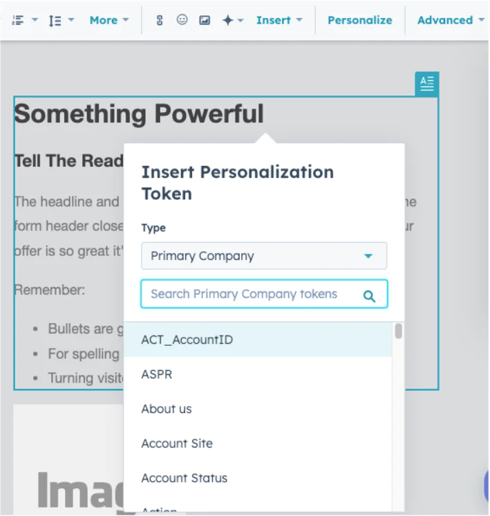 Dropdown menu showing personalization token options in a web content editor