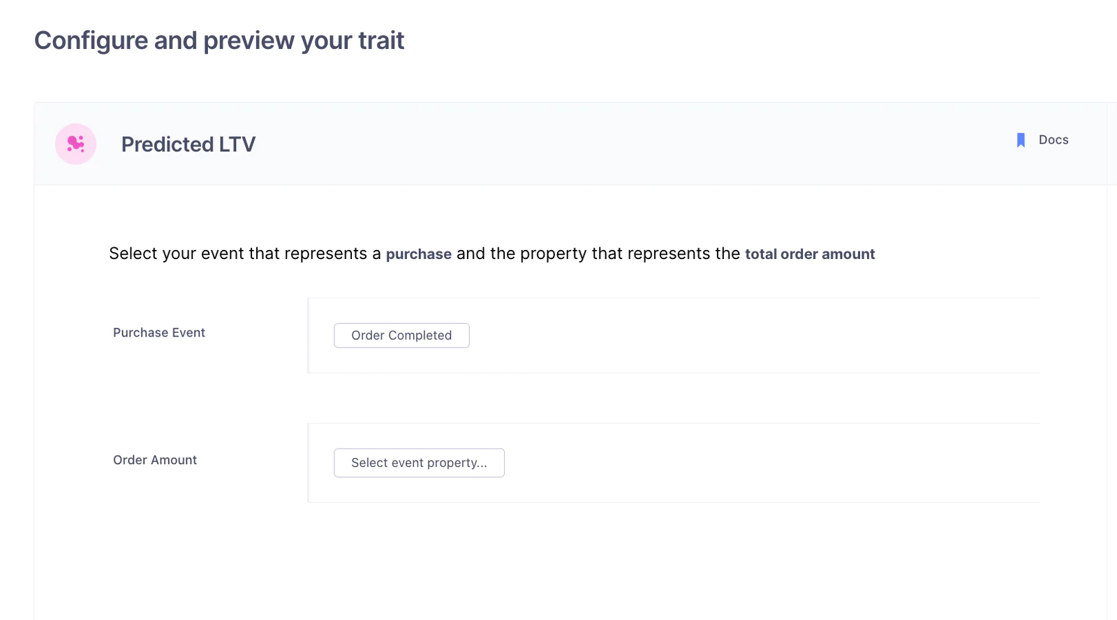 Screen showing setup fields for Purchase Event and Order Amount to configure predicted lifetime value trait.