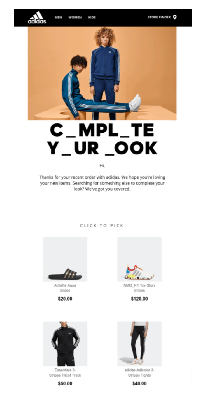 Adidas email showing new products including shoes, tracksuit, and tights, encouraging a complete look.