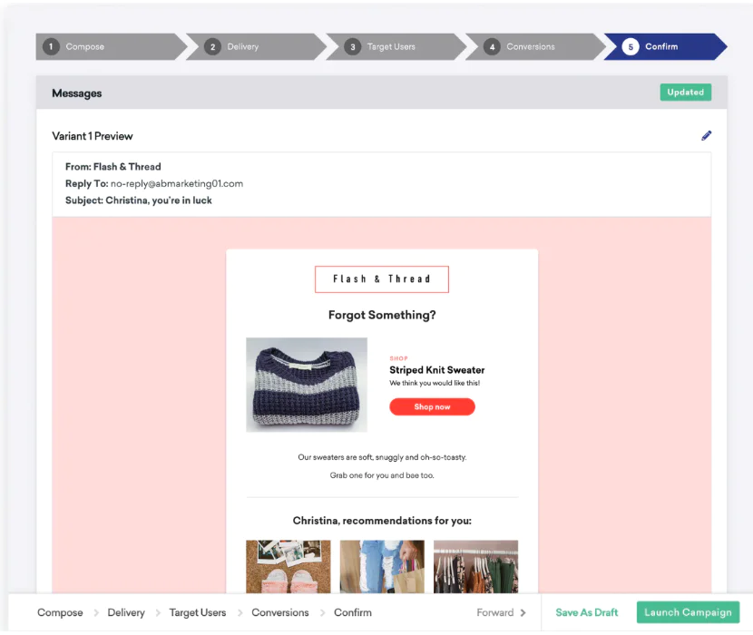 Email campaign preview showing a promotional email for a striped knit sweater from Flash & Thread.