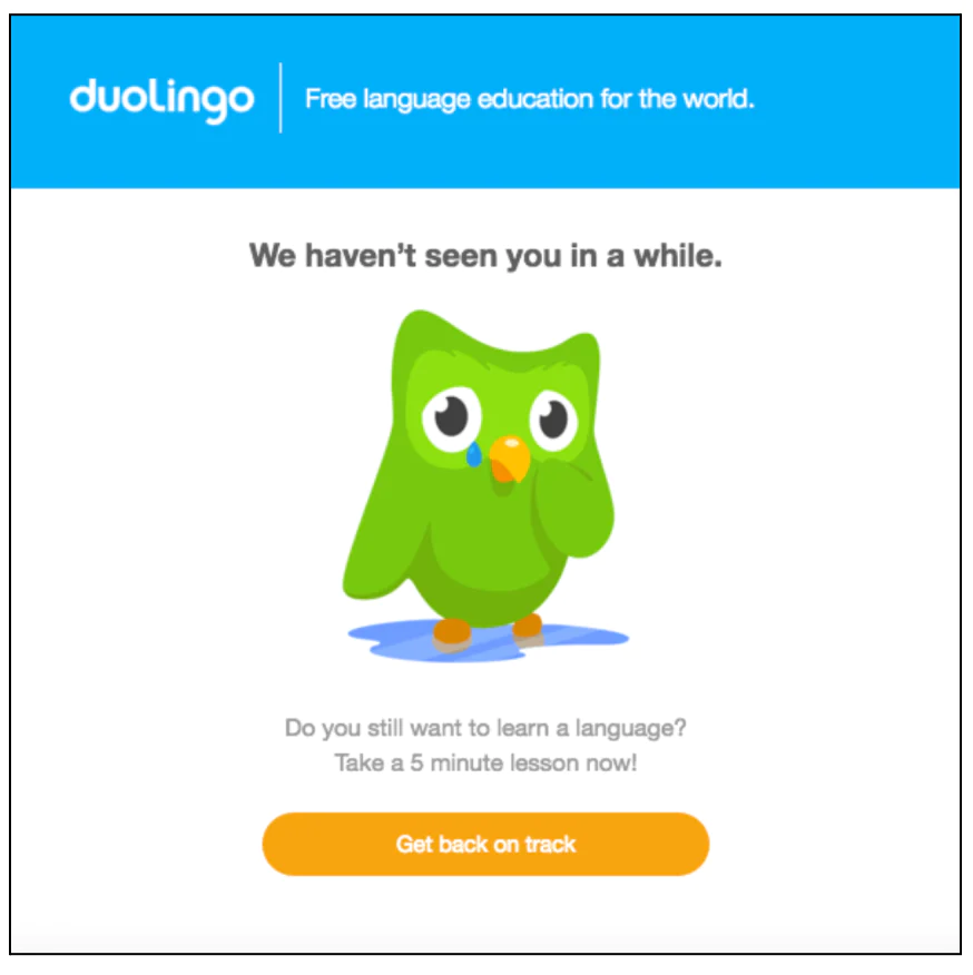 Duolingo owl mascot with a tear, encouraging user to resume language lessons.
