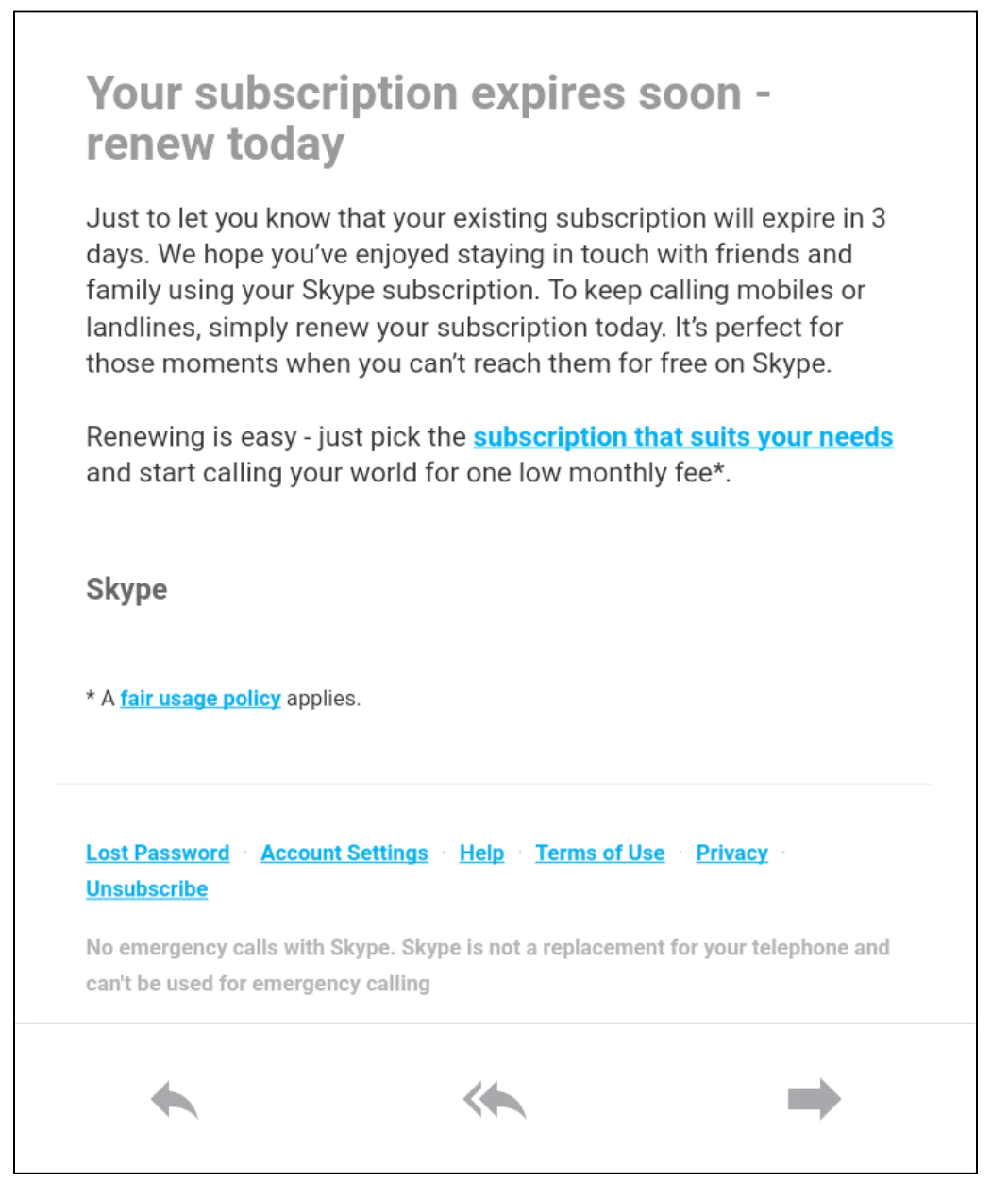 Screenshot of an email notifying about Skype subscription expiry and prompting to renew.