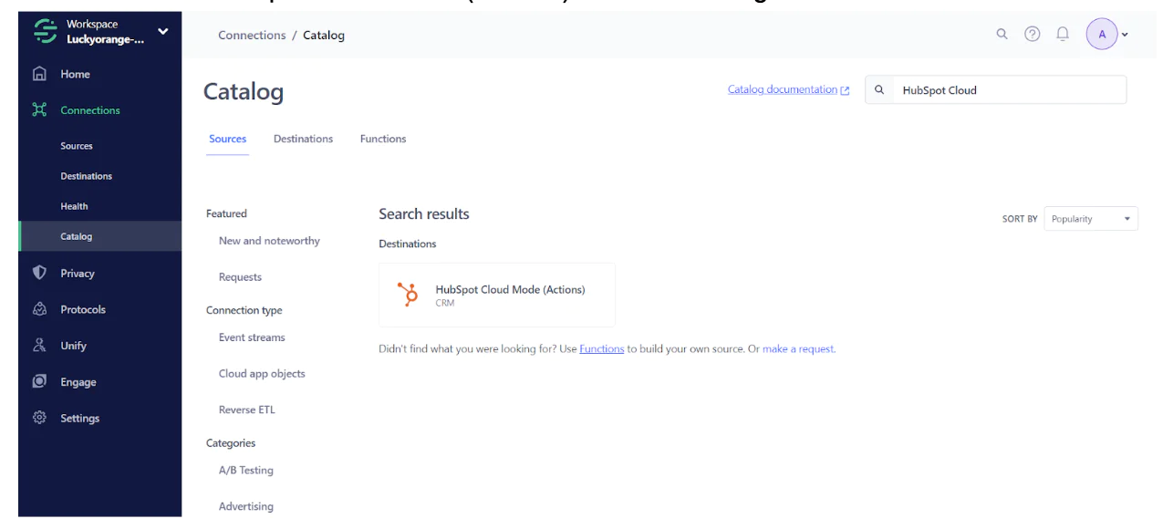 Screenshot of the Connections Catalog in a software application showing the HubSpot Cloud integration.