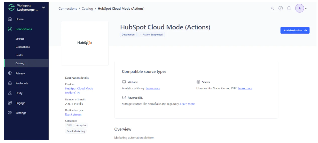 HubSpot Cloud Mode connection settings with compatible source types and an overview section.