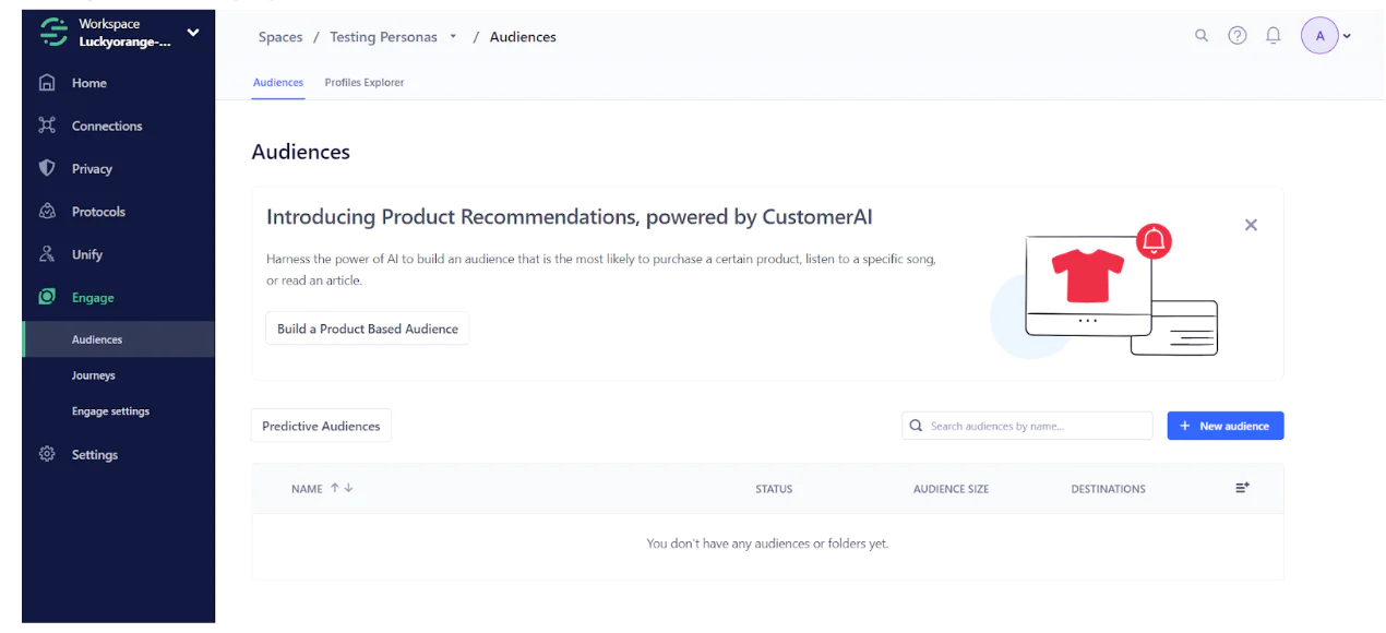 Audience management dashboard introducing CustomerAI-powered product recommendations.