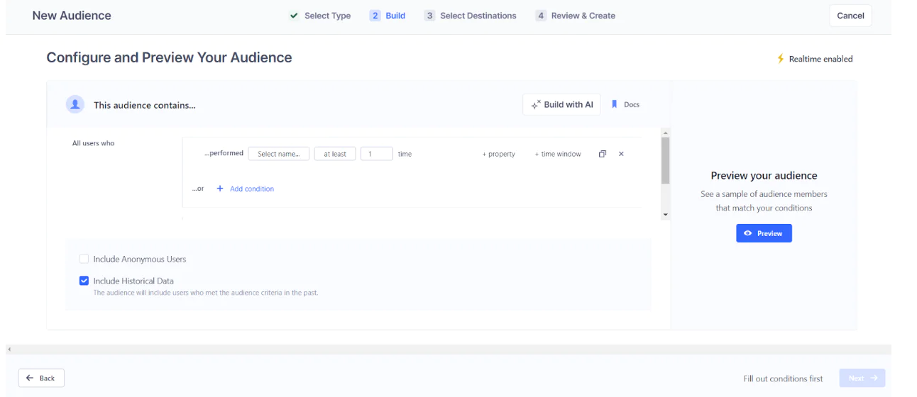 Interface for configuring and previewing audience selection with conditions and options in a dashboard.