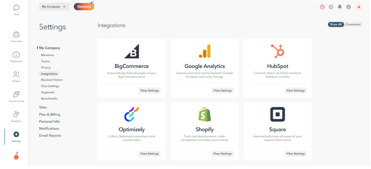 Interface showing settings and integrations for BigCommerce, Google Analytics, HubSpot, Optimizely, Shopify, and Square.