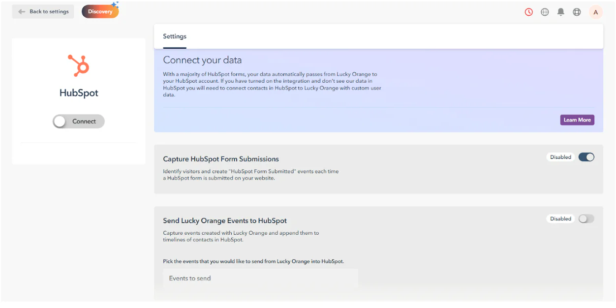 Settings page for integrating HubSpot with Lucky Orange, showing Connect your data section and options to capture events.