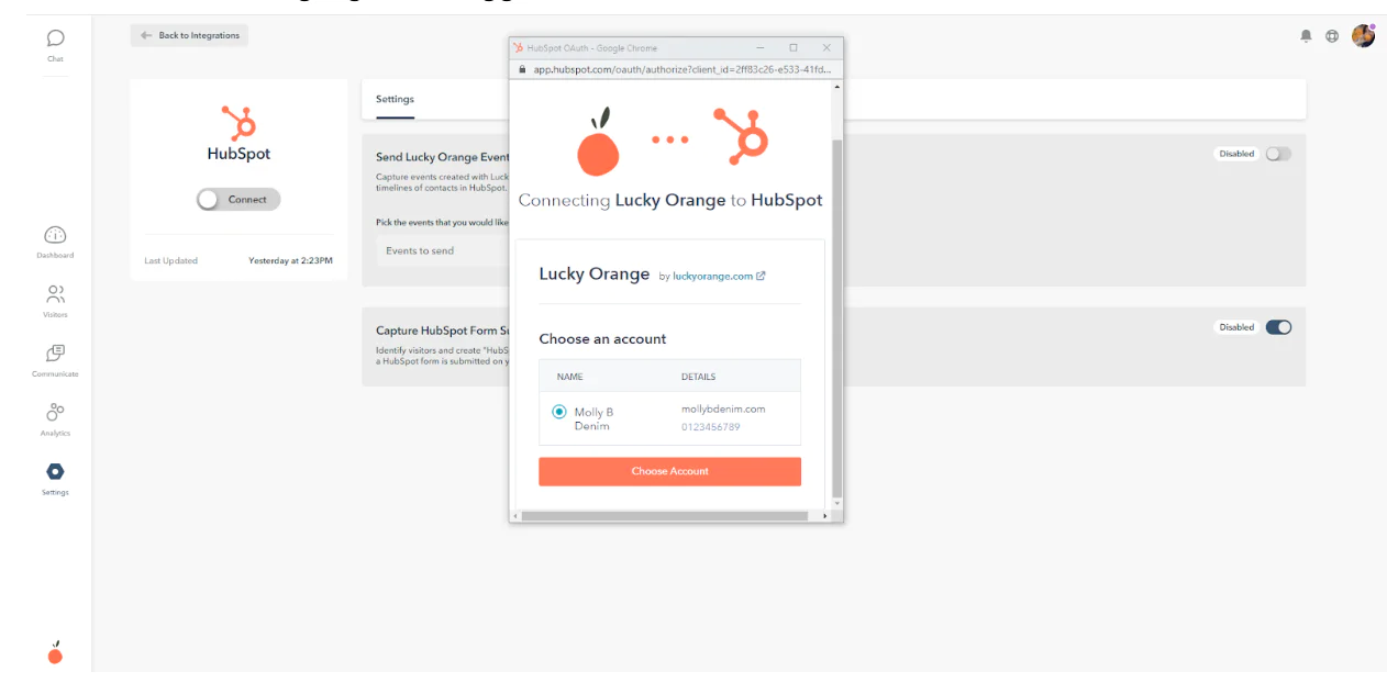 Lucky Orange integration window with account selection, displayed over HubSpot settings screen.