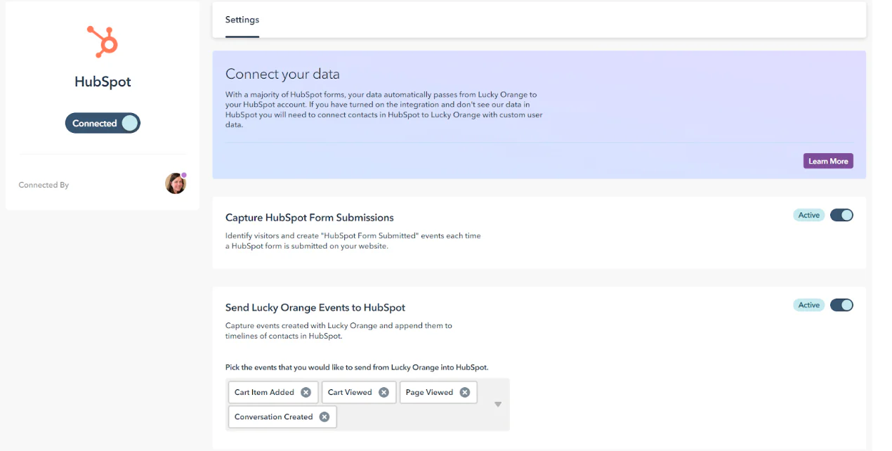 HubSpot integration settings page showing options to capture form submissions and send events to Lucky Orange.