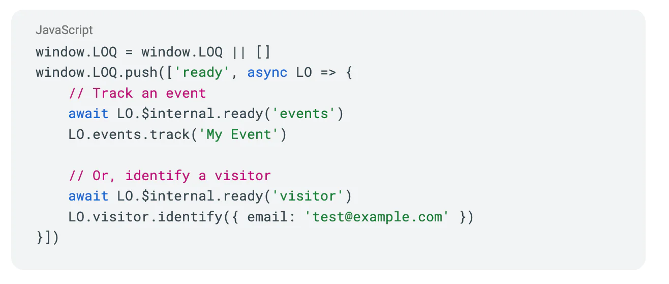 JavaScript code for tracking an event and identifying a visitor by email.