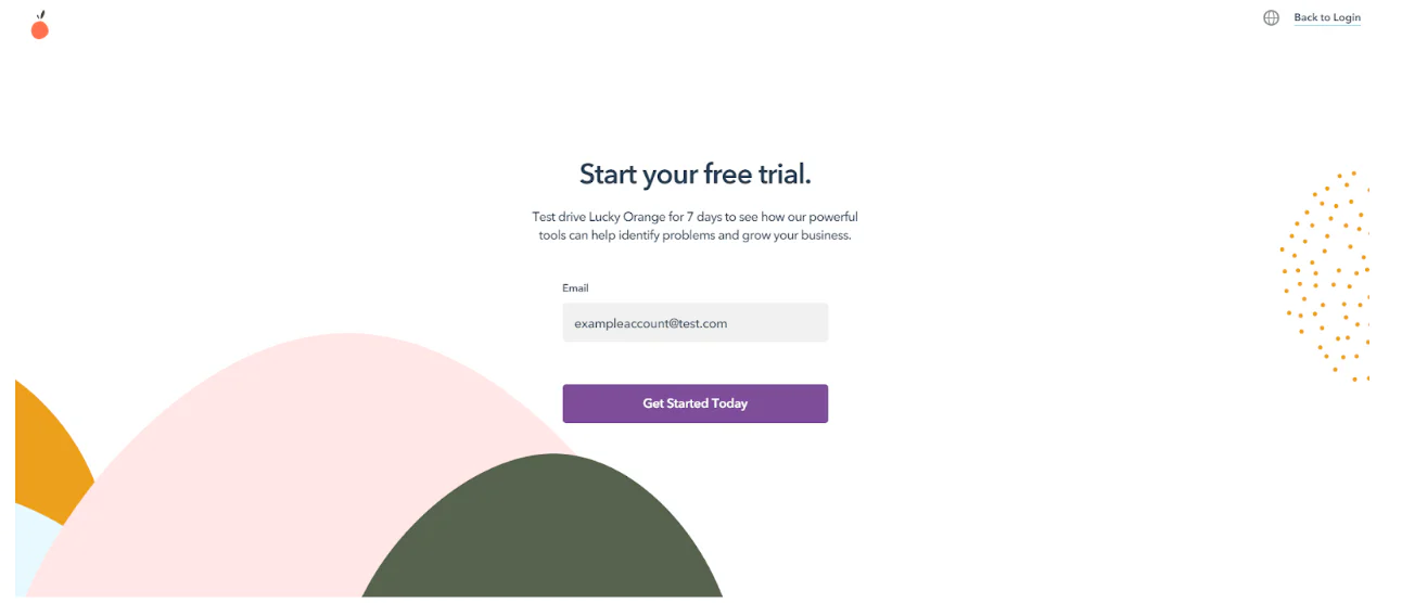 Signup page offering a 7-day free trial of Lucky Orange, featuring an email input and a 'Get Started Today' button.