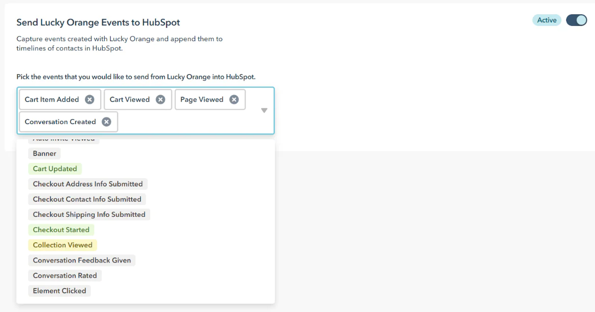 Settings page for integrating Lucky Orange events with HubSpot, showing event options like Cart Viewed and Page Viewed.