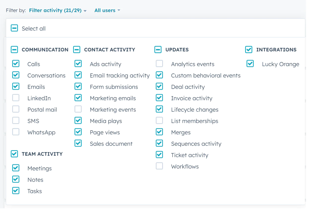 Activity Filter Options in Data Dashboard