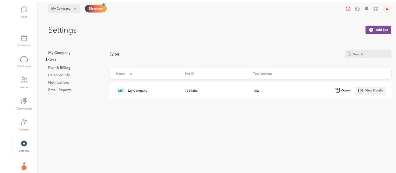 Settings page of a website dashboard displaying site information and various customization options.