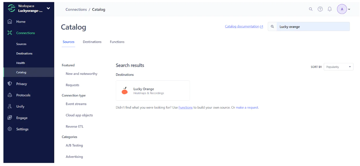 Connections Catalog showing search results for Lucky Orange in the Destinations section.