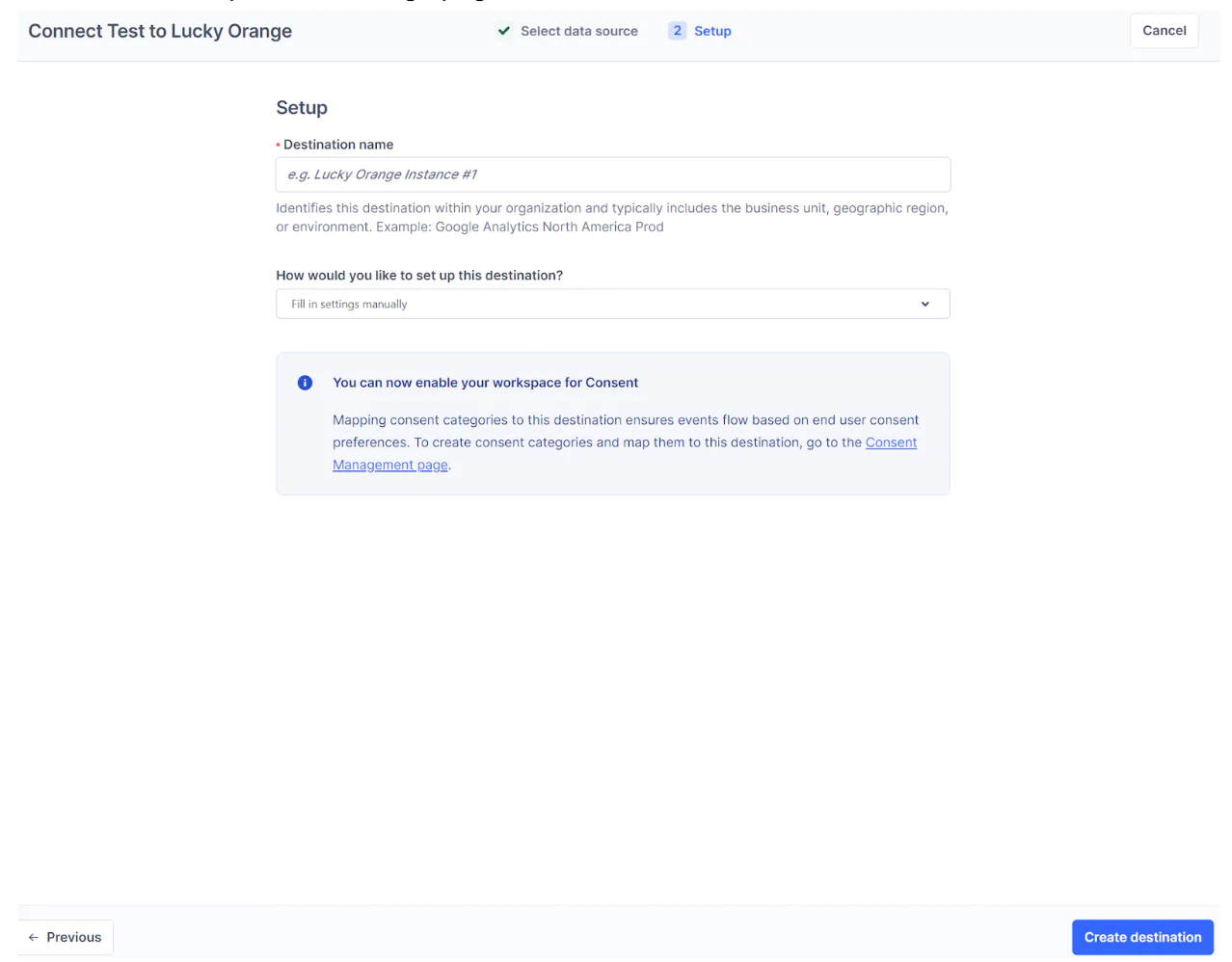 Setup screen for connecting test to Lucky Orange, showing fields for destination name and settings.