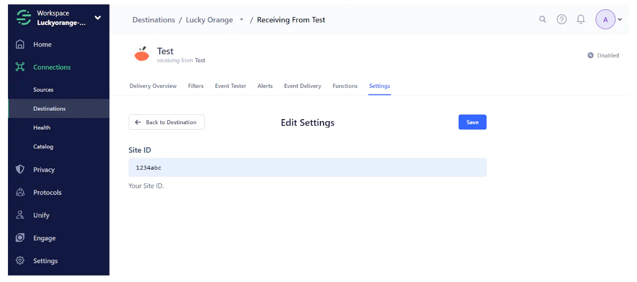 Settings page for editing a site ID in a connection configuration interface.