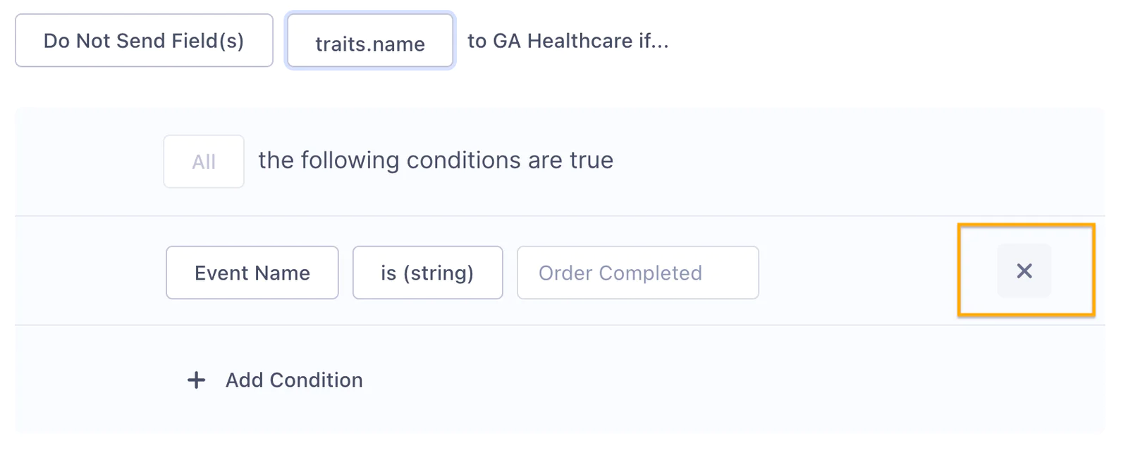 Interface with options to set conditions for sending 'Order Completed' event name to GA Healthcare