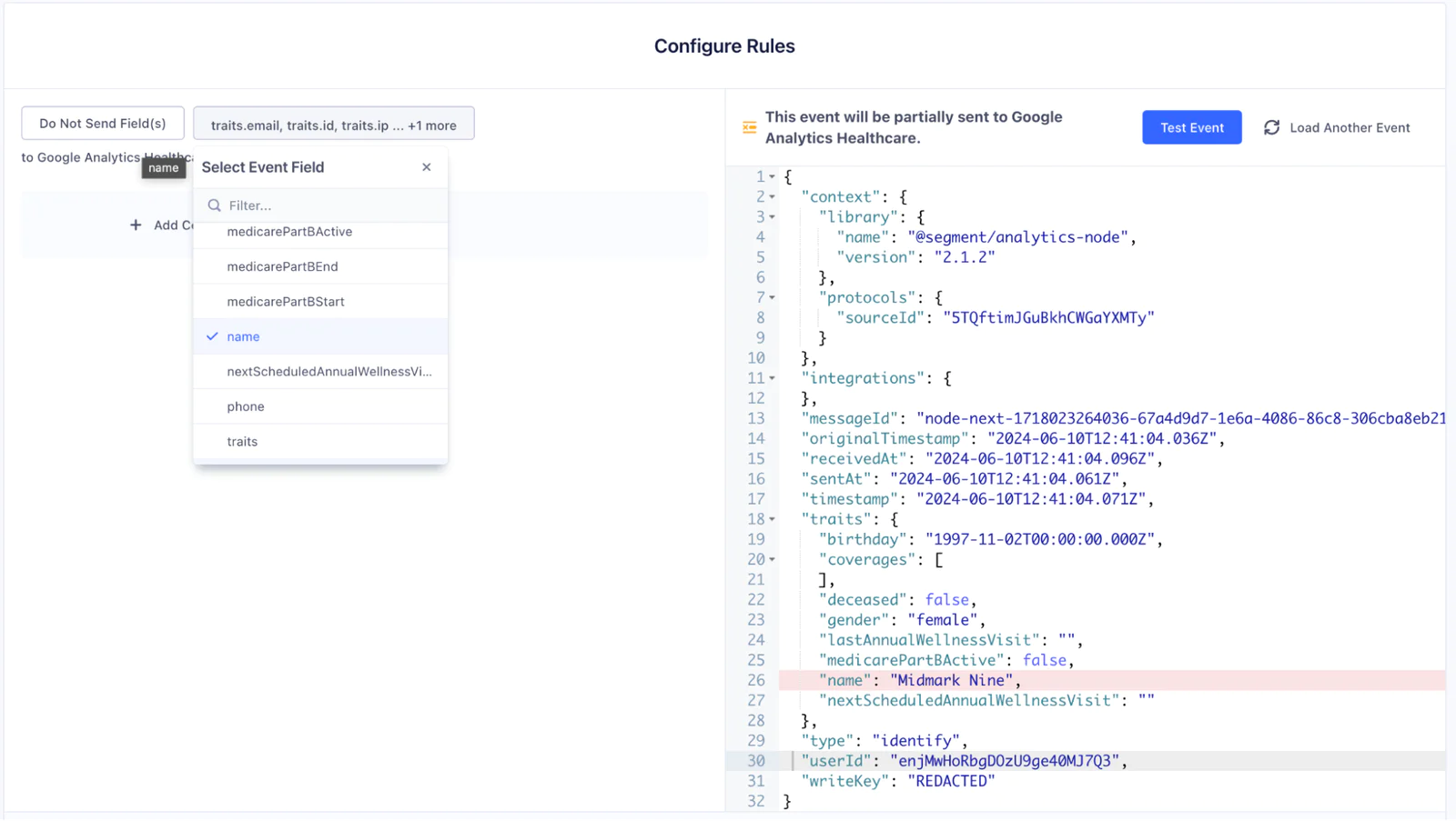 Screenshot showing the process of setting up rules and integrations for Google Analytics on a dashboard.