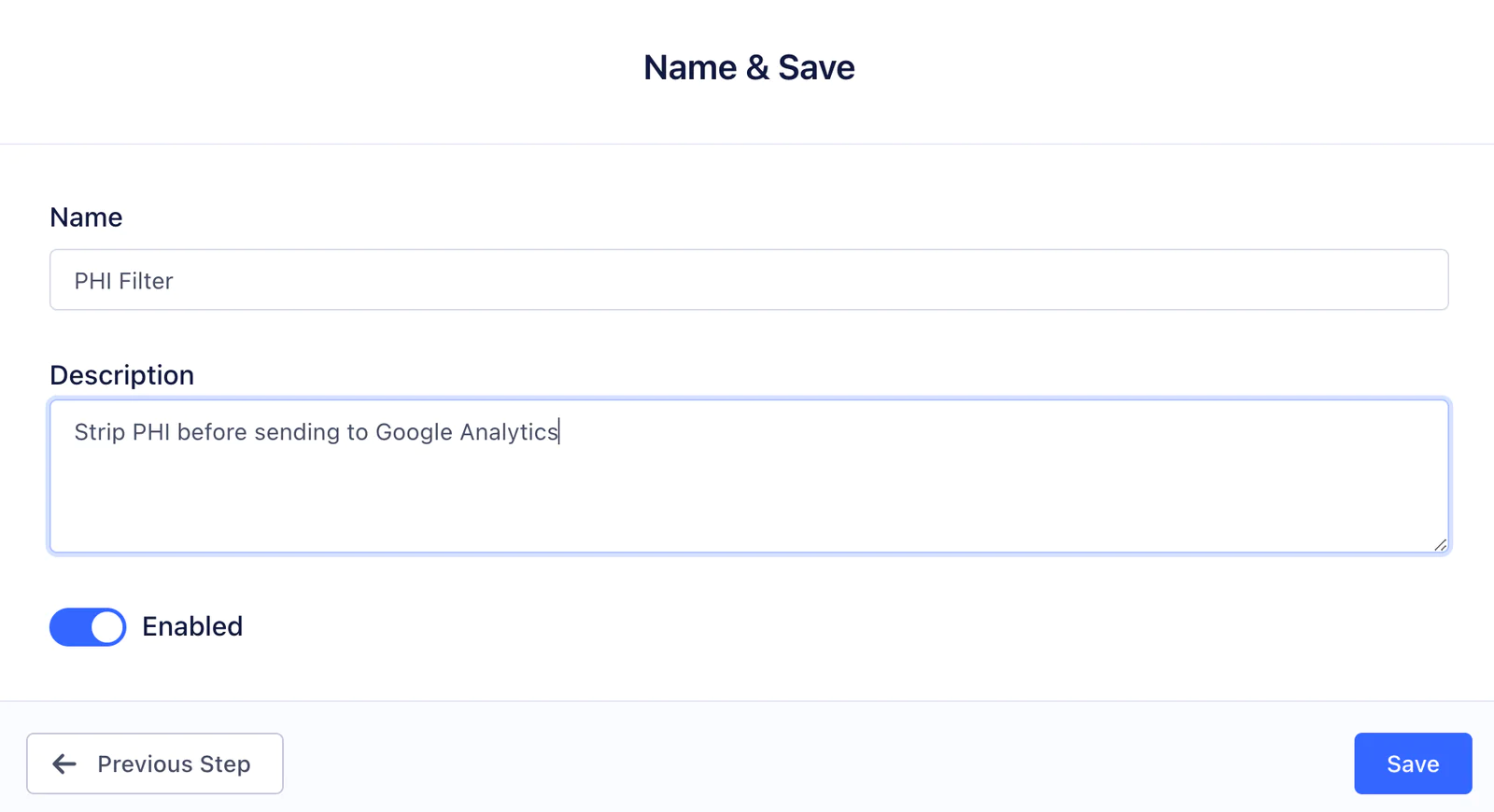 Interface showing form with settings to save PHI filter enabled and description for Google Analytics