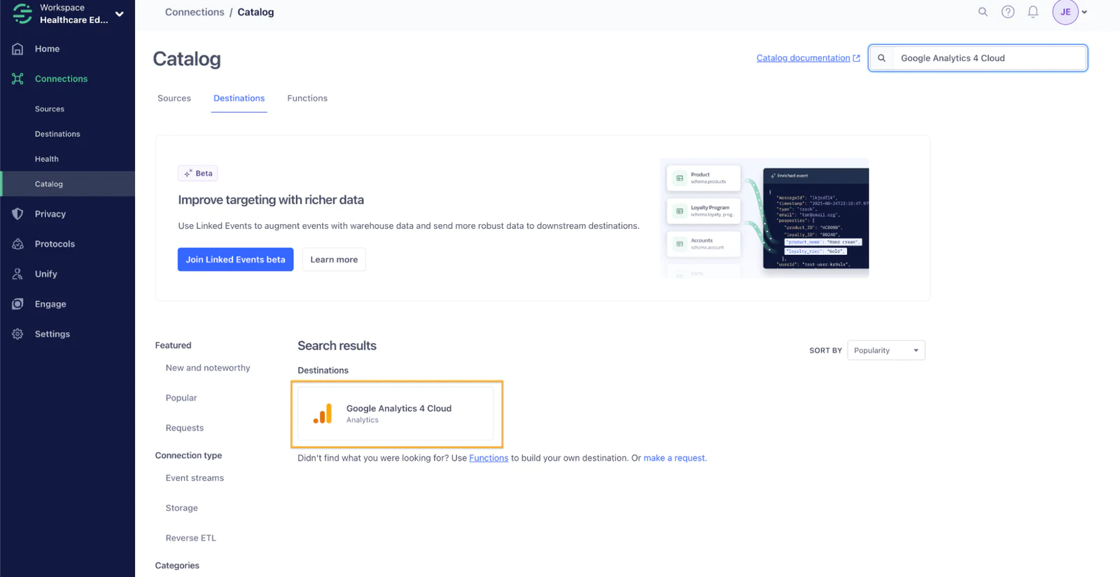 Screenshot of a data catalog interface showing Google Analytics 4 Cloud as a destination option.