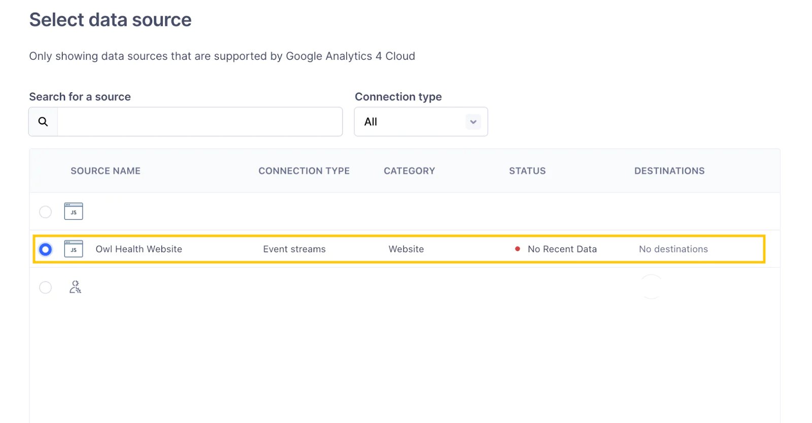 Google Analytics 4 data source selection page showing a list of sources with options for connection types.
