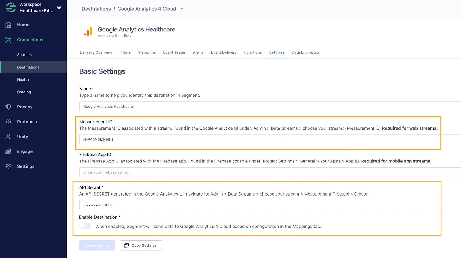 Screenshot of Google Analytics Healthcare Integration settings page showing measurement ID and API secret fields.