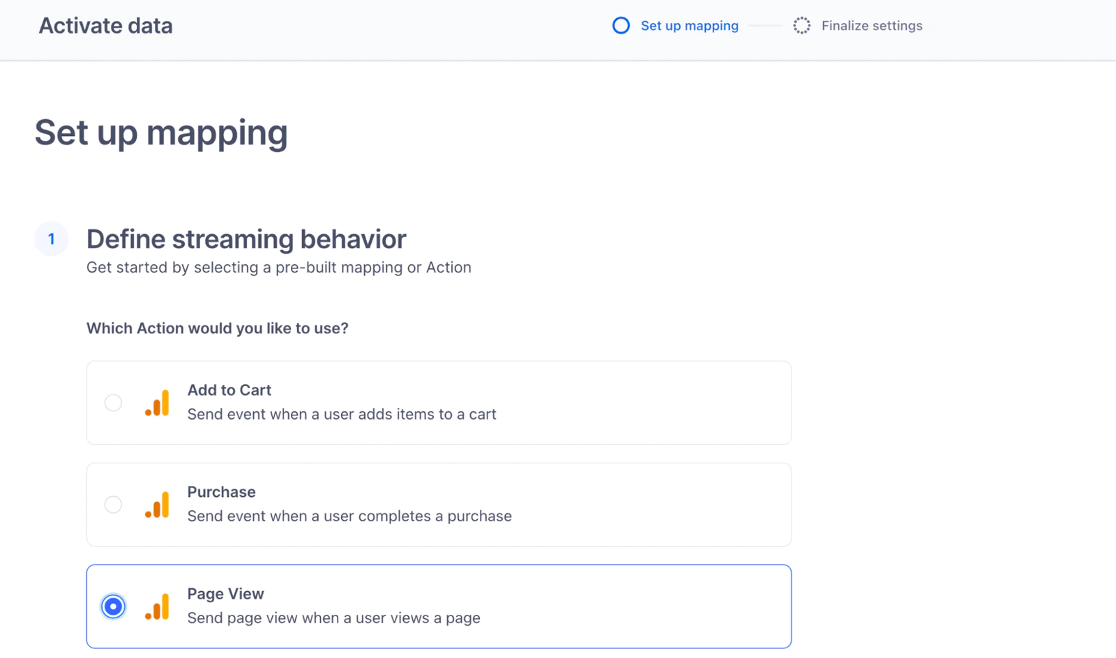 Interface for setting up mapping in a data activation tool with options for Add to Cart, Purchase, and Page View.